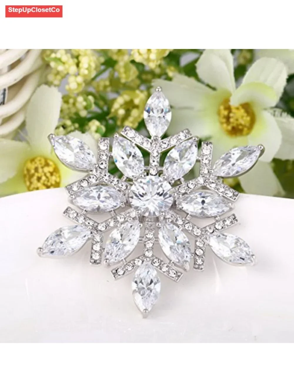 Cubic Zirconia Snowflake Brooch Pin Clear Silver-Tone Winter Bridal Corsage
